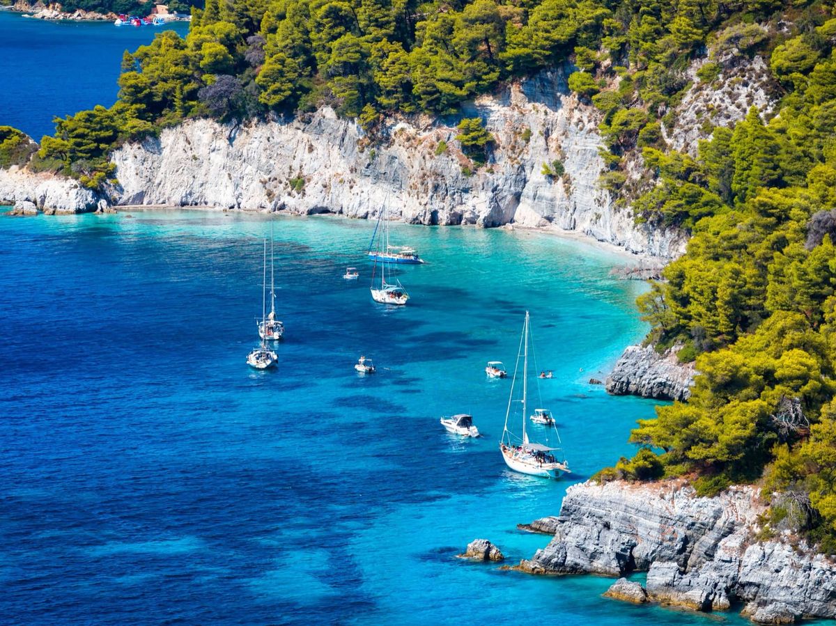 Sailing boats at anchor in a Greek bay surrounded by pines and cliffs
